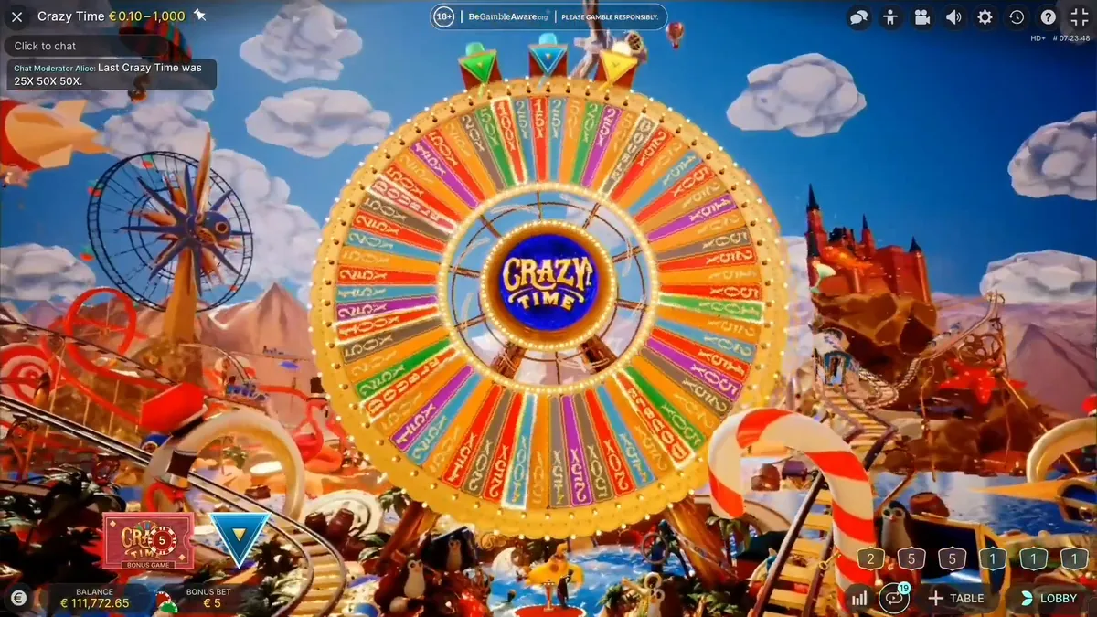 La ruota del round Crazy Time nel mondo animato con ruota panoramica e castello